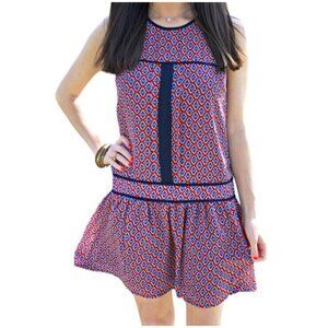 Pim + Larkin Anthropologie Red  & Blue Floral Drop Waist Sleeveless Dress Medium